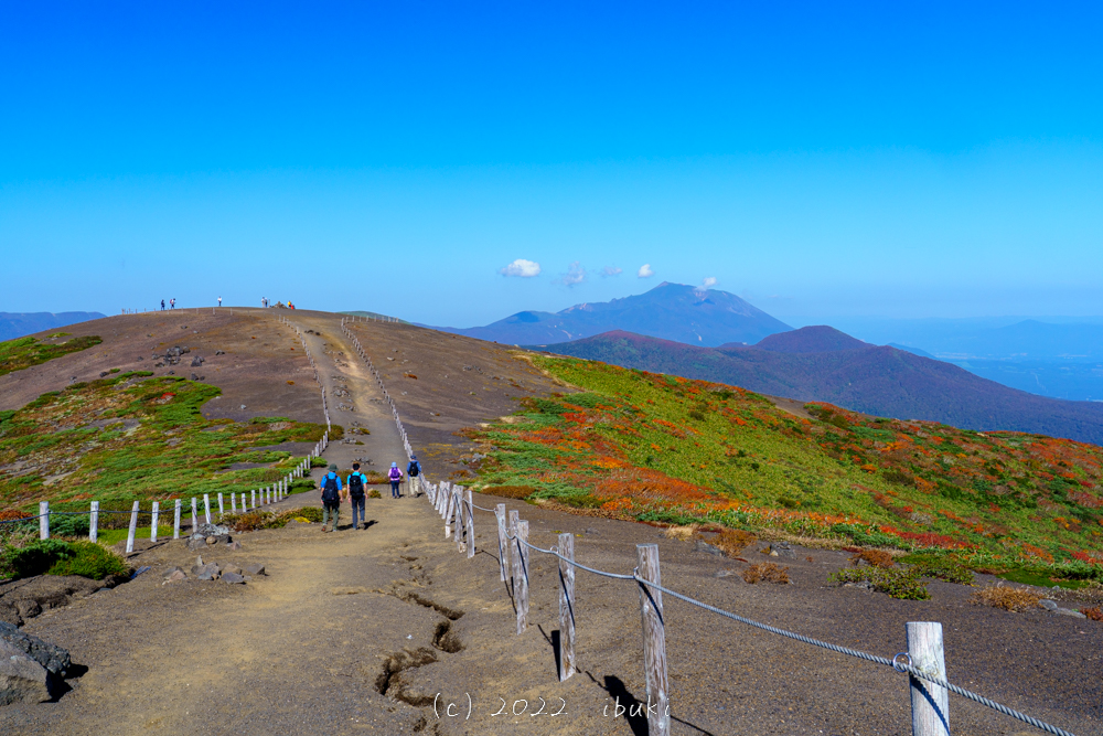 紅葉シーズンの秋田駒ケ岳登山　登山道からの岩手山